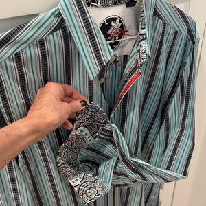 Robert Graham contrast cuffs L Teal and Black Striped Classic Button Down Shirt